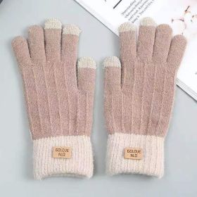 Winter Mittens Brown Striped Embroidered Warm Cycling Spot Universal Cartoon Gloves Ins (Option: Khaki)