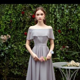 Bridesmaid Long Gray Bridesmaid Sisters Wedding Slimming Off-shoulder Banquet Dress (Option: Gray B-2XL)