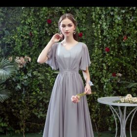 Bridesmaid Long Gray Bridesmaid Sisters Wedding Slimming Off-shoulder Banquet Dress (Option: Gray C-2XL)